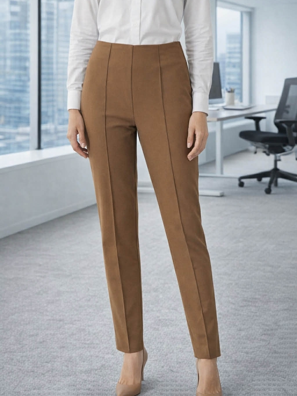 NWT Rachel Zoe Camel Pintuck Seam High-Rise Slim Leg Pants, Sz12